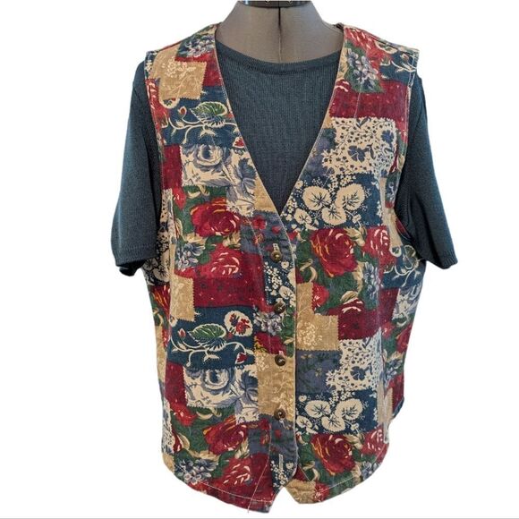 Vintage 90s denim floral print patchwork look women's vest large - Picture 7 of 7